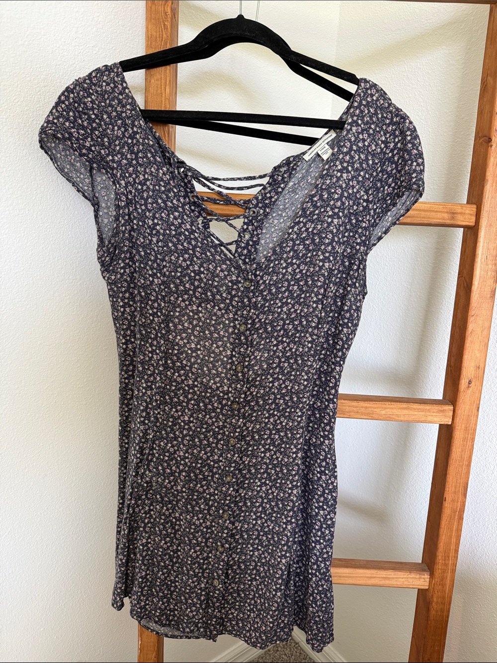 Floral Lace-Up back - Button Front Women's Dress - navy Floral